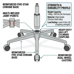 Detailed view of the heavy-duty chrome base and wheels of a white leather desk chair.