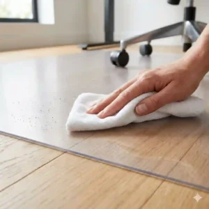 8. Microfiber cloth wiping down a waterproof clear office chair mat to remove dust and maintain clarity.
