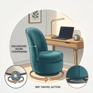 A stylish teal circle swivel chair used as a comfortable alternative for a home office desk.