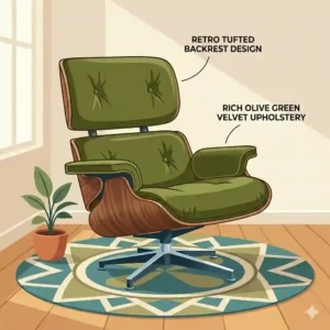 A plush olive green velvet upholstered mid century modern swivel chair highlighting its retro tufted backrest design.