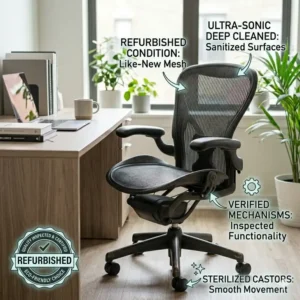 A fully refurbished and cleaned Herman Miller Aeron chair used as the main seat at a professional computer workstation desk.