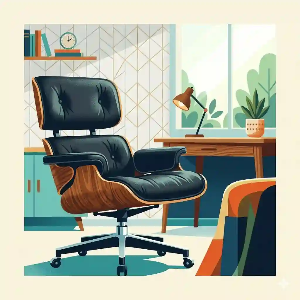 A high-quality mid century modern office chair featuring walnut wood and leather, perfect for a professional home workspace.