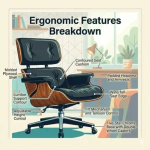An ergonomic breakdown illustration of a mid century modern office chair showing key features like adjustable height and lumbar support.