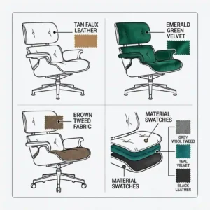 A detailed view of various fabric and leather color options for a stylish mid century modern office chair.