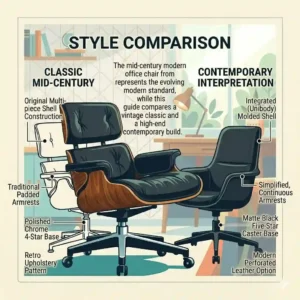 A professional style comparison chart showing the design evolution of a classic mid century modern office chair.