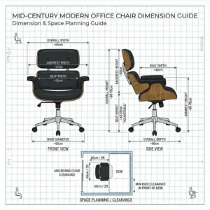 A technical dimension and space planning guide for placing a mid century modern office chair in your room.