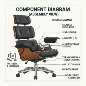 An exploded assembly diagram showing all individual components of a mid century modern office chair.