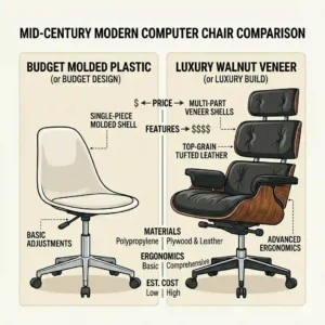 A graphic comparison between budget-friendly and luxury models of a mid century modern office chair.