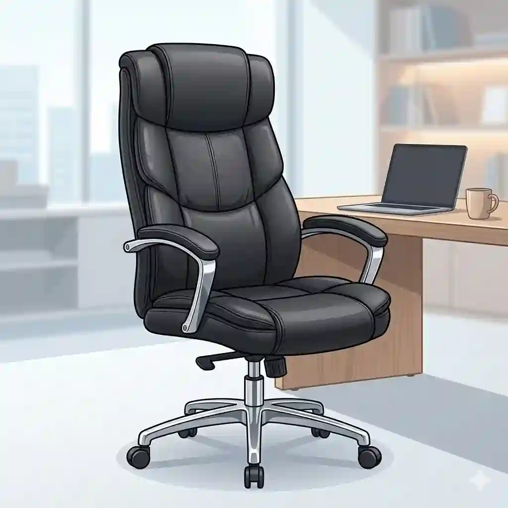 An ergonomic high-back executive office chair in black leather positioned behind a modern wooden desk.