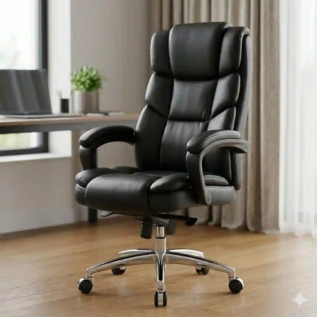 High-back executive leather office chair in black top-grain leather with ergonomic lumbar support.
