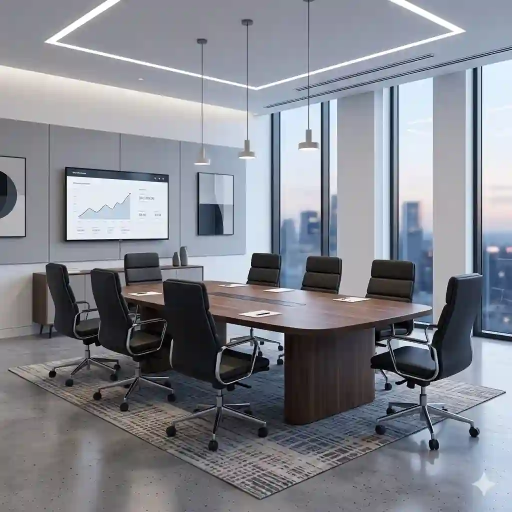 "A comprehensive full-room view of a contemporary modern executive board room with black chairs arranged around a walnut table."