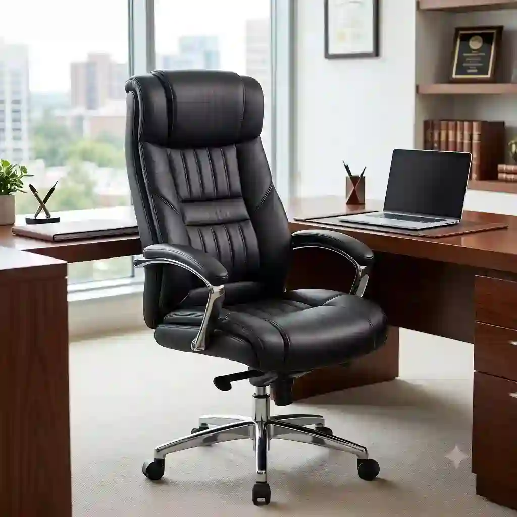 High-back executive workspace setup featuring premium black leather office chairs.