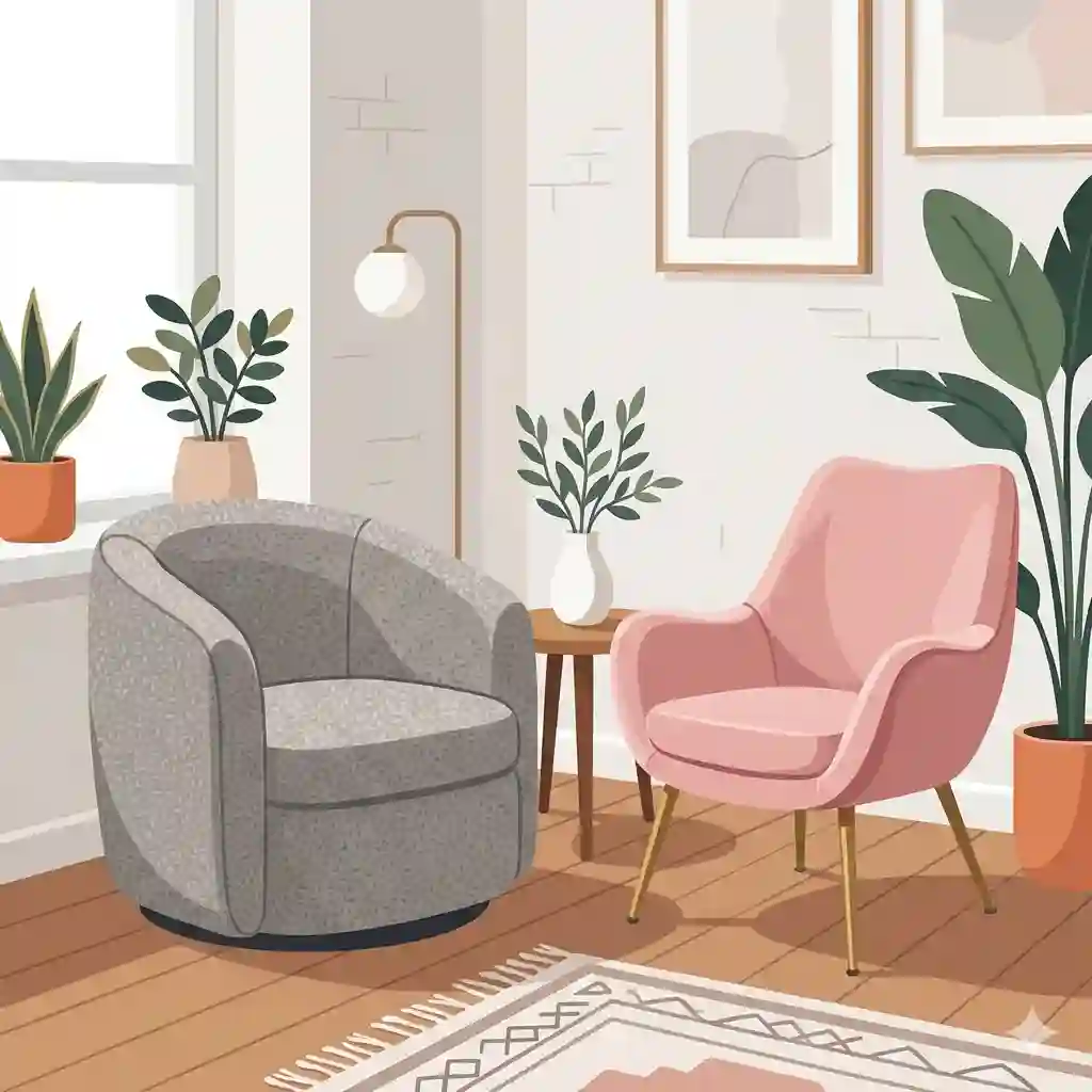 A stylish living room featuring two modern accent chairs in textured boucle fabric next to a minimalist side table.