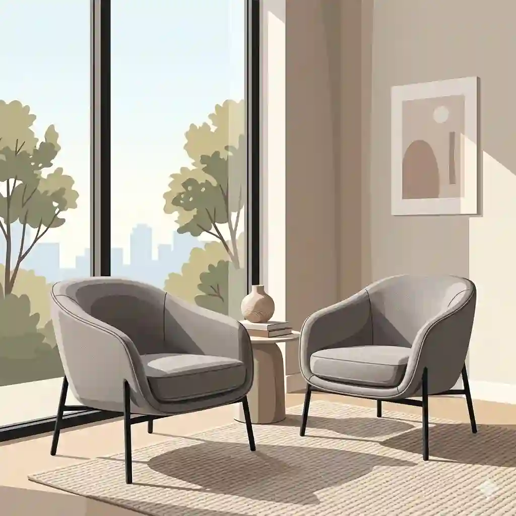 A stylish master bedroom featuring two sleek modern bedroom chairs next to a large window.