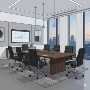 "An illustrative aerial, bird's-eye view looking down on a modern executive board room with black chairs and table layout."