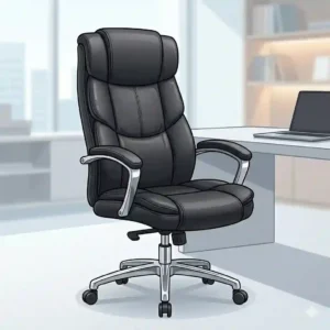 An illustration highlighting the ergonomic features of an executive office chair including lumbar support and adjustable armrests.