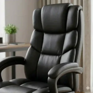 Front view of a brown ergonomic executive leather office chair featuring padded armrests and a sturdy aluminum base.