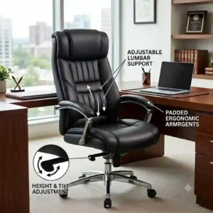 Ergonomic features and lumbar support details of our black leather office chairs.