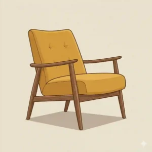 Graphic illustration of a mid-century modern accent chair with tapered wooden legs and mustard yellow upholstery.