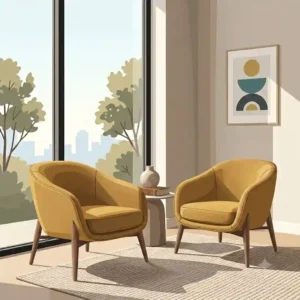 An illustration of a mid-century modern bedroom chair with tapered wooden legs in a corner.
