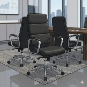 "A detailed close-up illustration focusing on the fine craftsmanship and ergonomic design of modern executive board room black chairs."