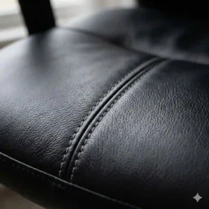 Close-up detail of the premium stitching on a genuine executive leather office chair seat cushion.