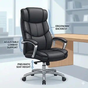 A side-view diagram illustrating proper spine alignment while sitting in an ergonomic executive office chair.