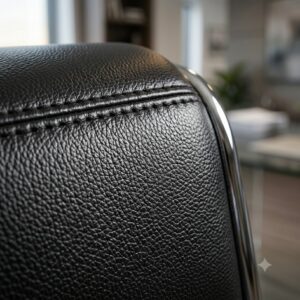 Close-up of leather material on a premium high back executive office chair.