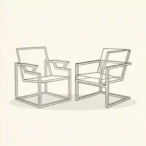 Line art illustration showcasing minimalist modern accent chairs with clean geometric metal frames.