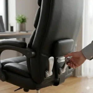 Back view of an executive leather office chair highlighting the adjustable built-in lumbar support mechanism.