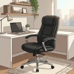 Modern home office workspace design featuring sleek black leather office chairs.
