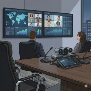"An interactive illustrative view focusing on the dual presentation screens in a modern executive board room with black chairs."