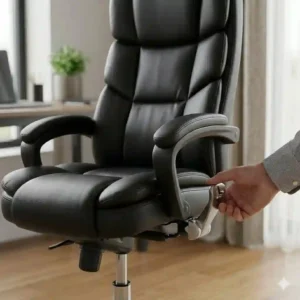 Demonstration of the pneumatic height adjustment lever on an executive leather office chair.