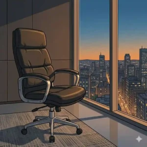 "A bright illustrative perspective looking through floor-to-ceiling windows in a modern executive board room with black chairs at a city skyline."