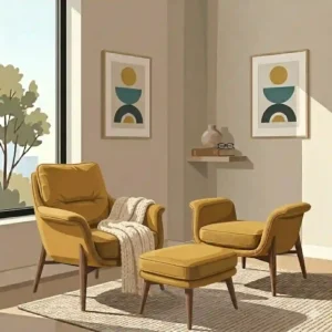 A comfortable modern bedroom reading chair with a matching ottoman and soft blanket.