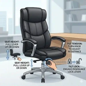 An instructional graphic showing how to adjust the tilt tension, seat height, and headrest of an executive office chair.