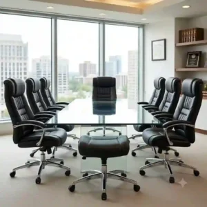 Professional boardroom table setup surrounded by multiple black leather office chairs.