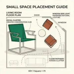 An interior design diagram showing how to position modern accent chairs in a small living room layout to maximize space.