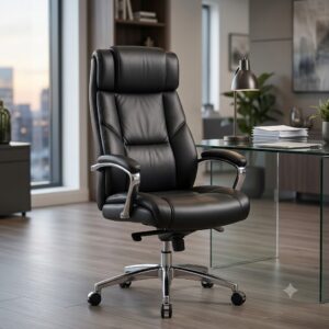 Chrome base and durable wheels of a high back executive office chair.