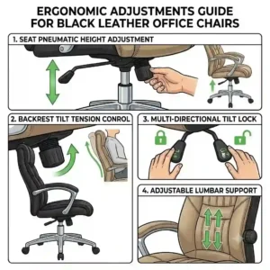 Technical diagram showing height and tilt adjustments for black leather office chairs.