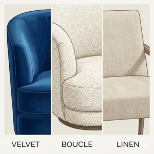 Close-up illustration highlighting different fabric textures for modern accent chairs, including velvet, boucle, and linen.