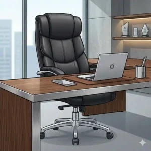 Line art illustration of a stylish luxury corporate workspace featuring a high-end executive office chair.