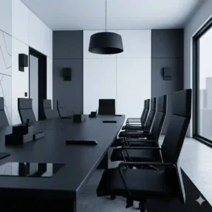 "A minimalist low-angle illustrative close-up of a modern executive board room with black chairs, emphasizing a monochrome grey and black aesthetic."