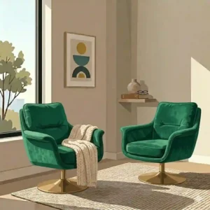 Two green velvet swivel accent chairs showing practical modern bedroom chairs with base details.