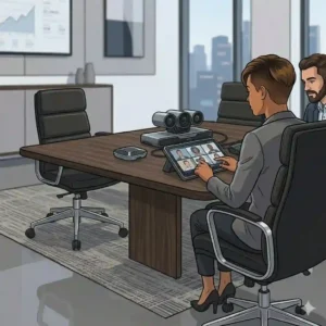 "A dynamic illustrative scene of a collaborative hybrid meeting taking place in a modern executive board room with black chairs and interactive tech."