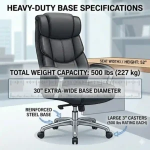 A dimensions graphic showcasing the heavy-duty base and weight capacity of a big and tall executive office chair.