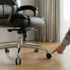 A modern corporate office setup featuring a luxury executive leather office chair tucked under a wooden desk.