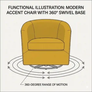 A functional illustration of a modern accent chair with a 360-degree swivel base.