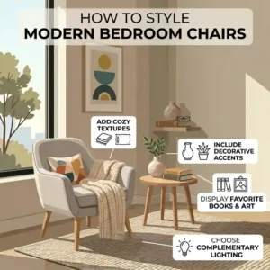 A guide on styling modern bedroom chairs with decorative pillows and side tables.