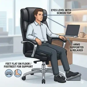 An educational illustration demonstrating the correct sitting posture and desk height using an adjustable executive office chair.